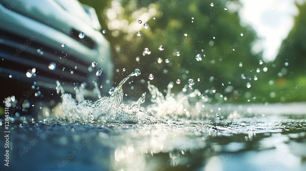 Aufkleber dramatic close up of water droplets splashing on a reflective surface during rain by a parked car : 