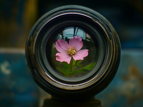 flower in camera lens, macro photography, pink flower, dark background