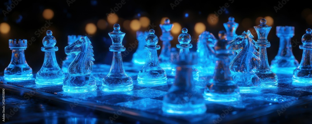 Poster glowing transparent chess pieces on illuminated board with bokeh background
