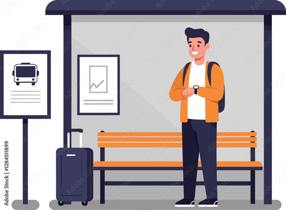 Aufkleber man waiting at bus stop in flat vector illustration design style