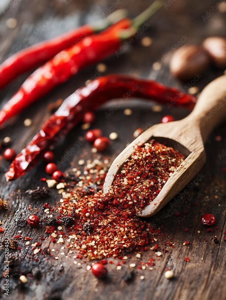 Poster spicy chili peppers and a wooden scoop overflowing with colorful ground spices on a rustic table : g