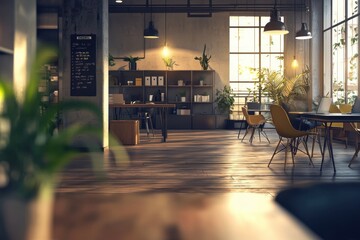 Warm cafe interior with wooden elements and soft lighting