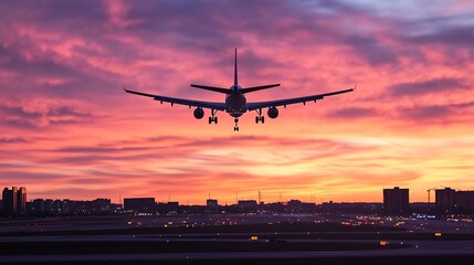 Fototapeta na wymiar Airplane approaching for landing at sunset over a city skyline creating a stunning travel scene : Generative AI