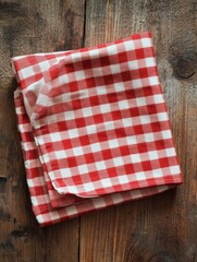 Fototapeta premium Red and white checkered towel or tablecloth rolled up and neatly tucked into itself, sitting on a wooden surface, ready for use in the kitchen or dining area.