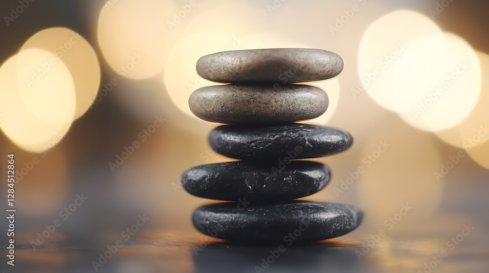 Poster focused image of stacked smooth stones creating a calming zenlike effect against a blurred warm back