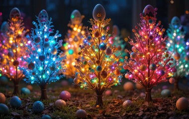 Fototapeta premium Colorful Easter Tree Grove with Lights and Egg Decorations at Night
