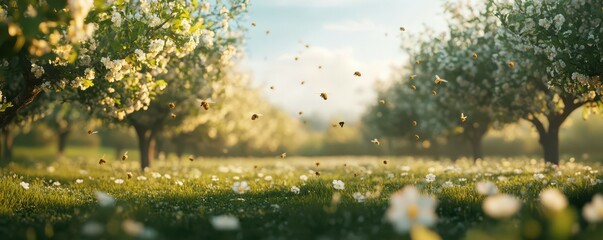 Obraz premium Sunny orchard with bees pollinating blossoming apple trees in springtime
