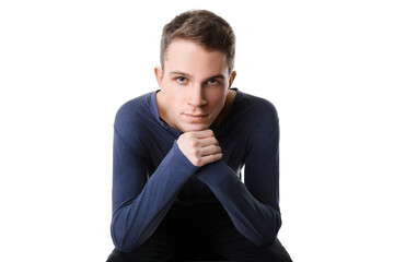man portrait close up on white studio background with hands high near head while look to camera and be depressed, worried and thoughtful
