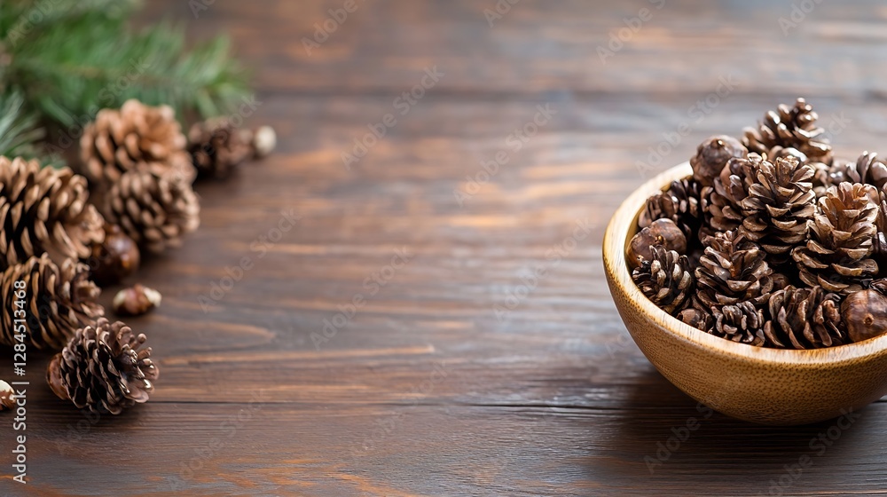 Poster natural pine cones in wooden bowl with rustic background featuring pine needles : generative ai