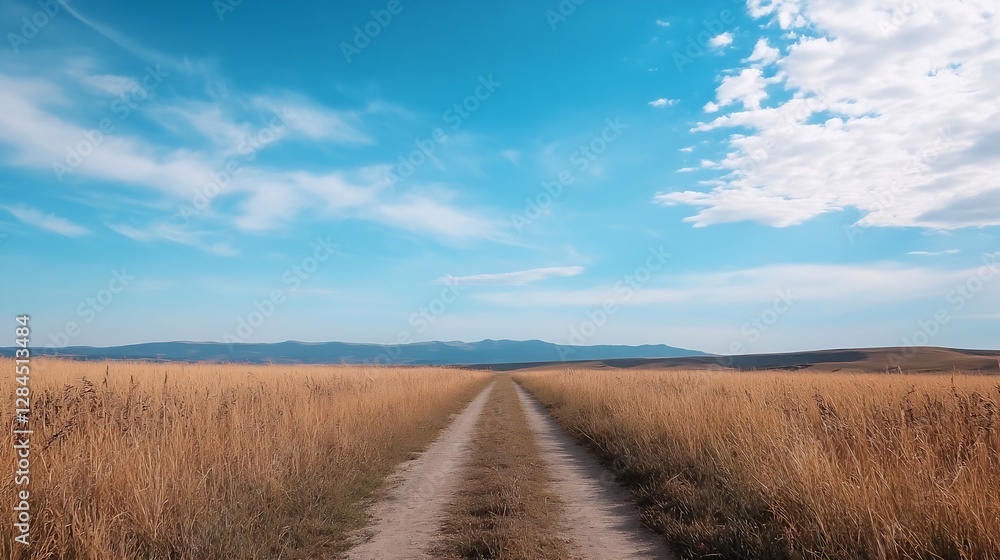 Poster wide open road leading through golden fields under a beautiful blue sky and soft clouds : generative