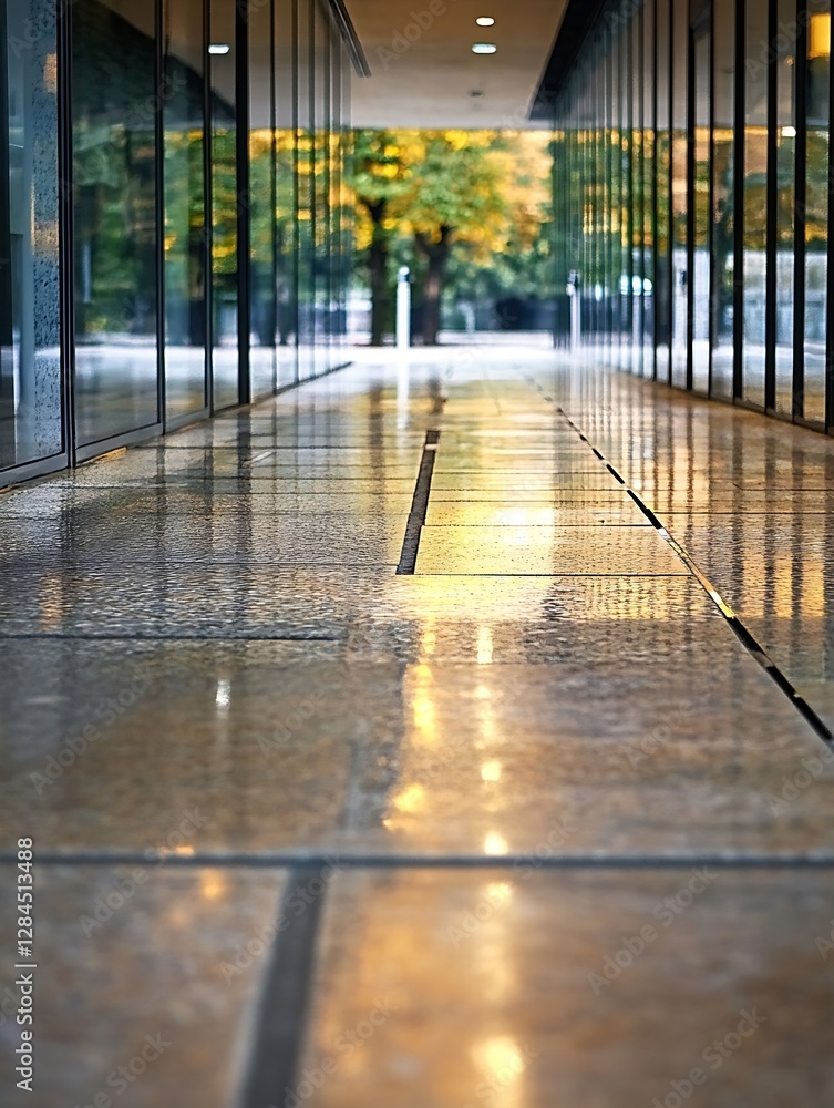 Poster modern corridor with polished stone floors reflecting warm light highlighting contemporary architect