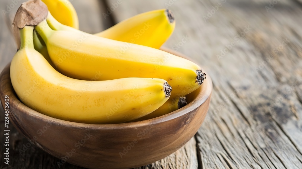 Poster Freshly harvested bananas arranged neatly in a rustic wooden bowl on a textured table surface : Generative AI
