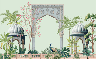 Mughal garden, arch, peacock, plant botanical landscape illustration. © Design 35