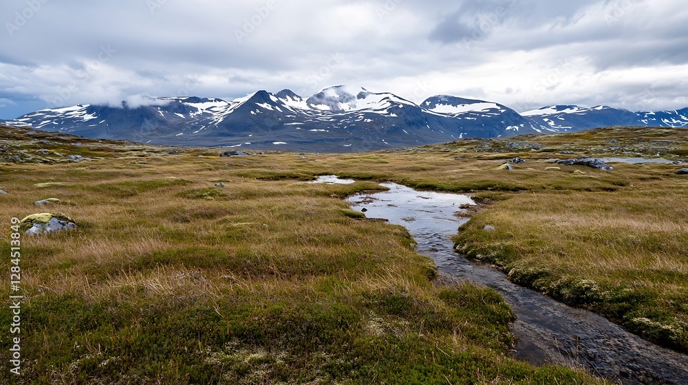 Poster tranquil landscape featuring a gentle stream flowing through a vast green meadow with mountain backd