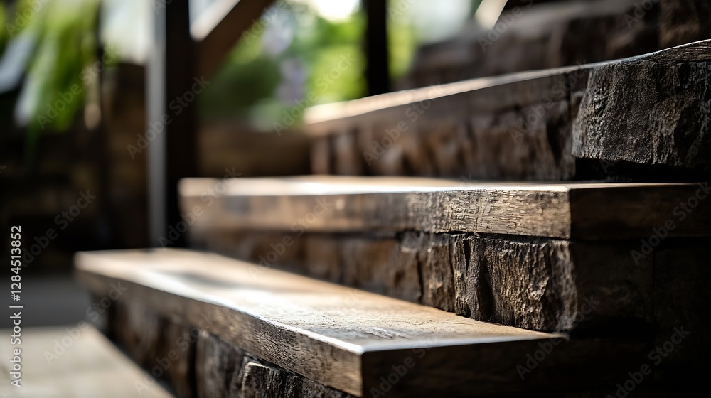 Poster close up of rustic wooden stairs showcasing natural textures in a well lit environment : generative 