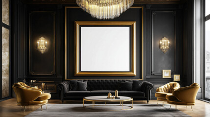 Vintage Hollywood Glamour Living Room Displaying a Frame Mockup Surrounded by Luxurious Velvet Upholstery, Elegant Chandelier Lighting, and Gold-Trimmed Furniture