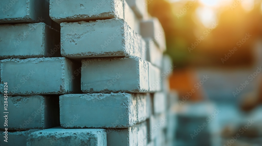 Aufkleber closeup view of stacked bricks highlighted by warm sunlight against a blurred background : generativ