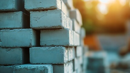 Closeup view of stacked bricks highlighted by warm sunlight against a blurred background : Generative AI