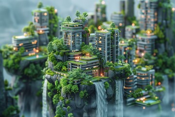 Fototapeta premium Futuristic cityscape with greenery and waterfalls in a serene environment.