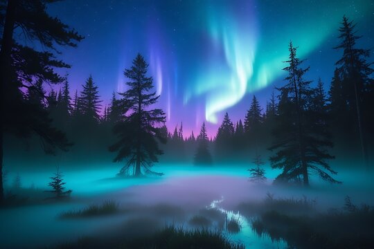 Northern lights, aurora borealis, night sky, starry night, coniferous forest, pine trees, silhouette, ethereal, magical, vibrant colors, turquoise, blue, purple, green, misty forest floor, cosmic, oth