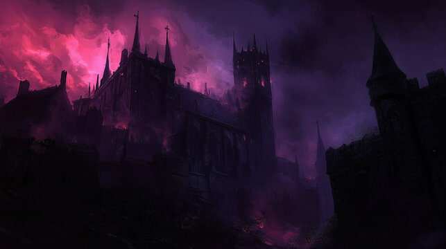 Dark gothic castle with eerie purple sky and glowing windows