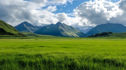 Vast rolling green hills beneath a dramatic sky with mountain peaks in the background and natural beauty all around : Generative AI