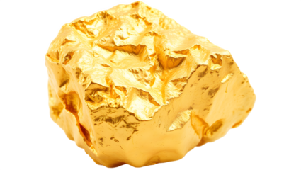 A shiny, irregularly shaped gold nugget with rough textures and a vibrant yellow hue.
