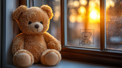 Tiny teddy bear sitting on a windowsill with warm morning sunlight and a child's drawing, slightly high-angle shot for a nostalgic feel