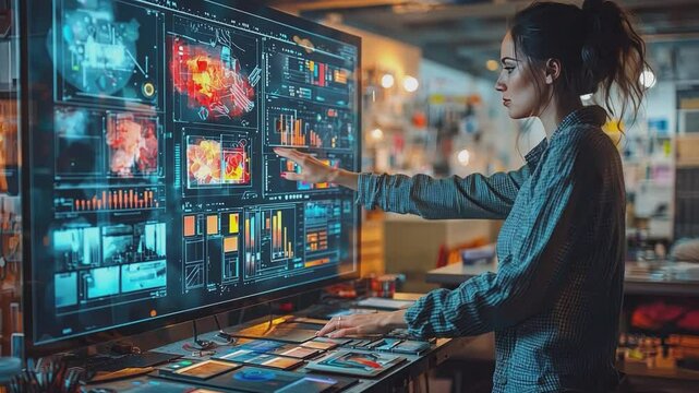 Analyzing Data: A focused professional woman, immersed in advanced technology, interprets intricate data visualizations displayed on a large interactive screen