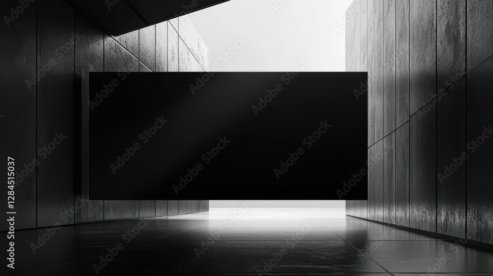 Poster minimalist architectural space with floating black panel in monochrome design