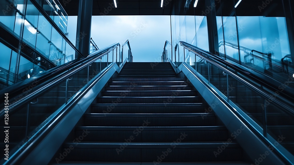 Poster modern urban escalator leading upward in a glass dominated architecture with a cloudy sky above : ge