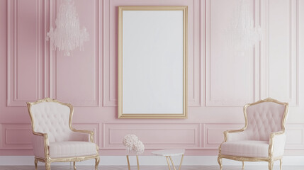 Vintage Hollywood Glamour Living Room Displaying a Frame Mockup Surrounded by Luxurious Velvet Upholstery, Elegant Chandelier Lighting, and Gold-Trimmed Furniture