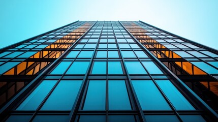 Urban skyscraper facade, low angle view, vibrant blue glass, city backdrop