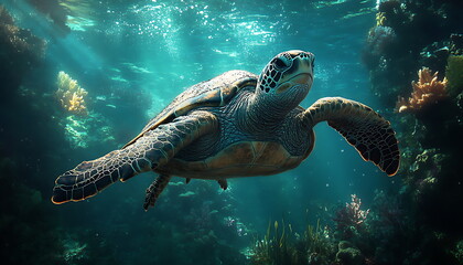 Obraz premium Turtle swimming in the ocean, Generative AI