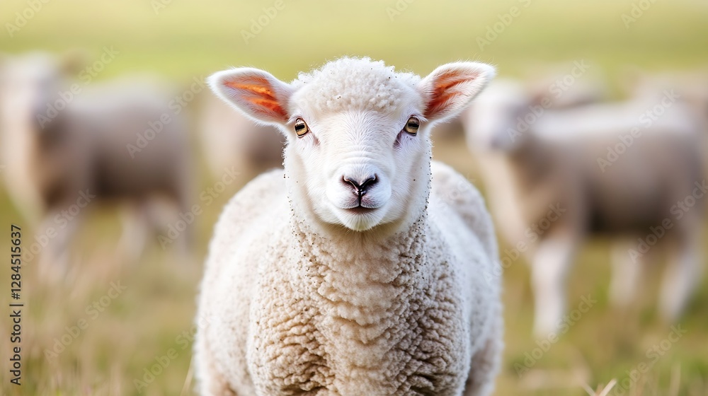 Poster adorable sheep standing in green pasture with a soft blur background : generative ai
