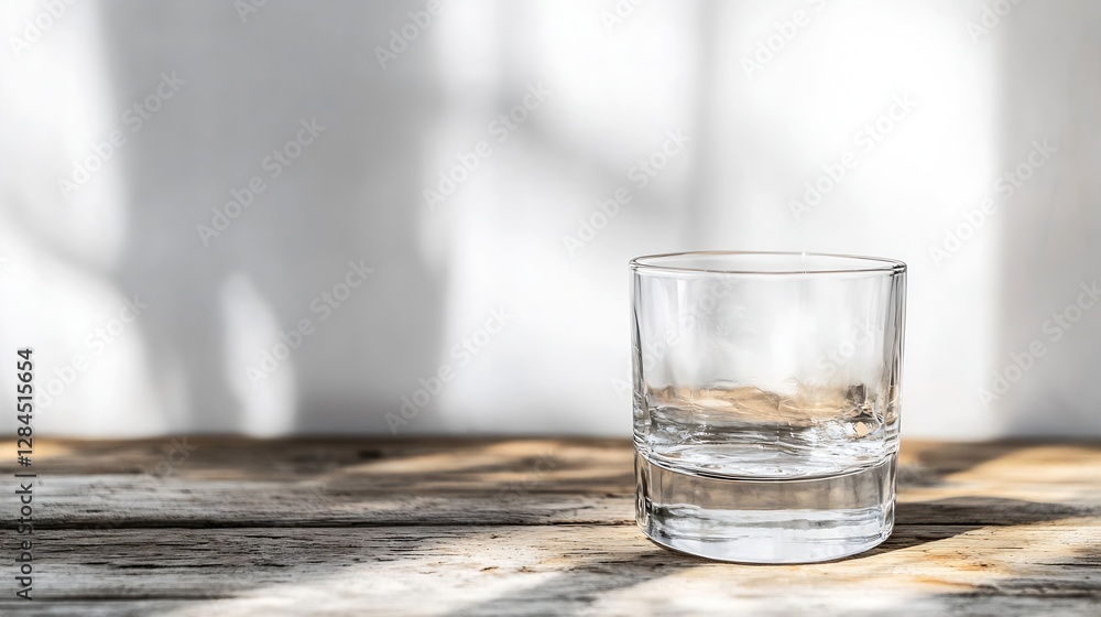 Poster minimalist image of a crystal glass on a wooden surface with soft natural light and shadows : genera