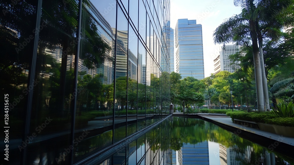 Poster reflective urban architecture with lush greenery and modern buildings captured in city landscape : g