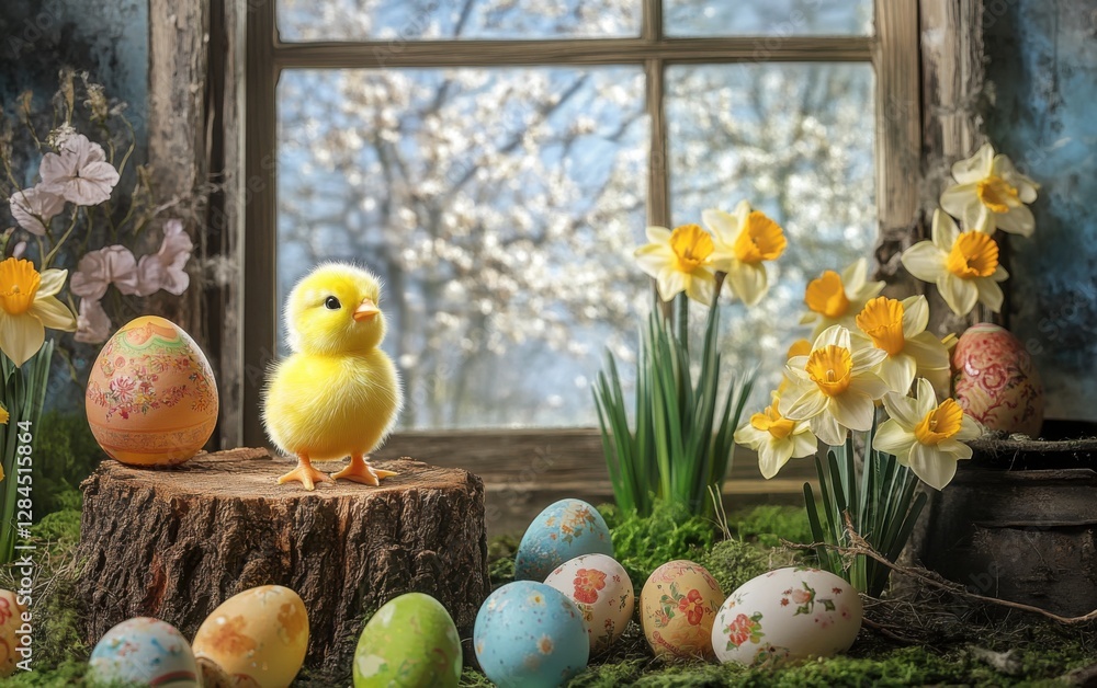 Poster easter-themed backdrop with an adorable yellow chick, colorful easter eggs, and daffodils on a woode
