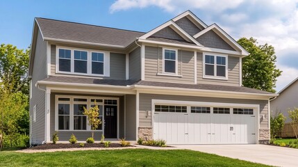 Beautiful Two Story Suburban Home Exterior Gray Siding White Garage Modern House Real Estate Residential Property New Construction Dream Home Family  