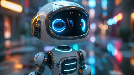 Futuristic robot with glowing features set in a vibrant urban environment.