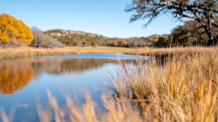 Fototapeta premium Autumnal creekside landscape, tranquil waters reflecting fall foliage, hills in background; nature photography