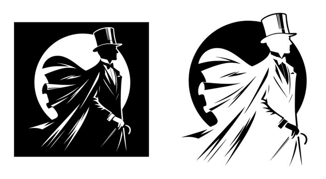 silhouette gentleman, top hat, cape, cane, elegant pose	
vector illustration