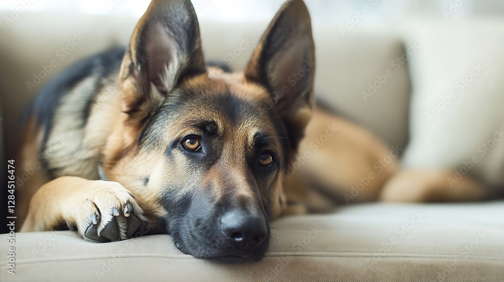Poster close up portrait of a german shepherd dog resting on a sofa showcasing loyalty and companionship in