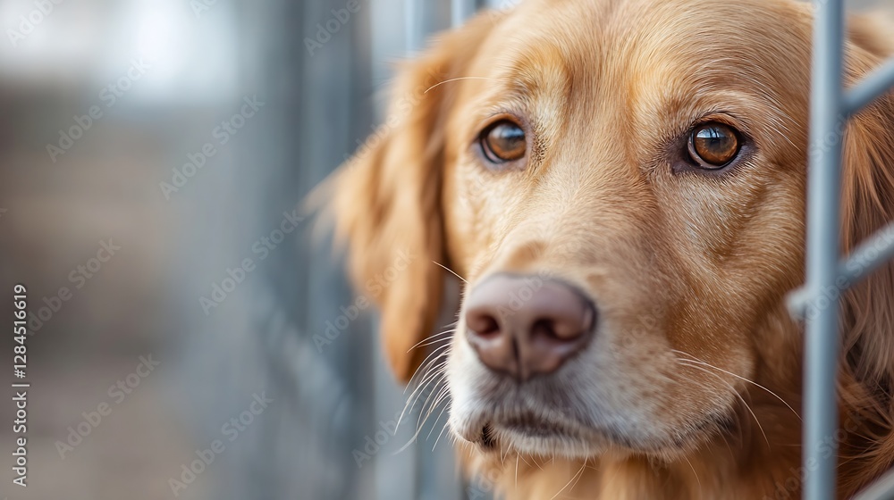 Poster Golden retriever looking thoughtfully through a metal fence with soft expression : Generative AI