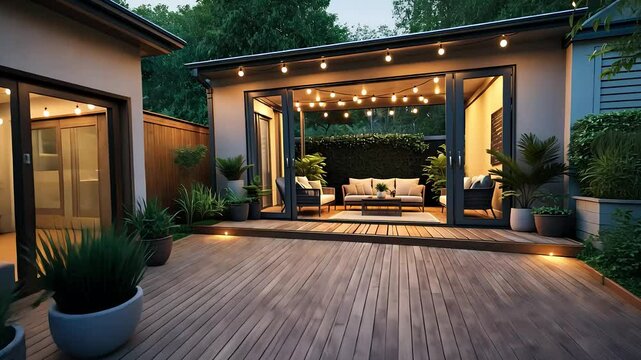 Modern Outdoor Patio with Wooden Deck, String Lights, Cozy Seating, and Open Glass Doors Leading to a Stylish Lounge

