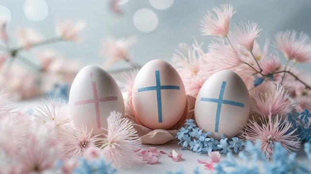 egg with the Christian cross, beautiful delicate flowers background, design
