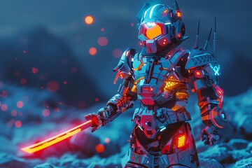 Fototapeta premium Futuristic soldier in advanced armor wielding a glowing sword in a sci-fi landscape.