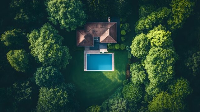 Spectacular Aerial View of Luxurious Mansion with Captivating Swimming Pool and Lush Surroundings
