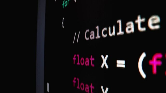 Closeup macro shot movement of coding script moving across LED screen with real-time AI-generated typing, showcasing advanced AI learning in optimization, debug and coding for software development.