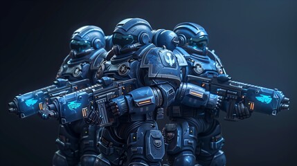 Futuristic soldiers equipped with advanced weapons and armor in a dramatic pose.
